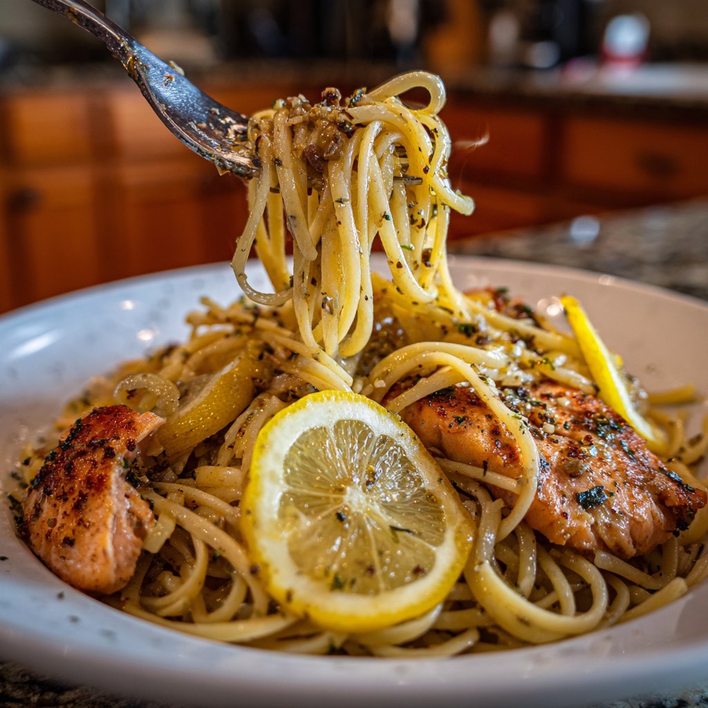 Lemon Garlic Salmon Linguine