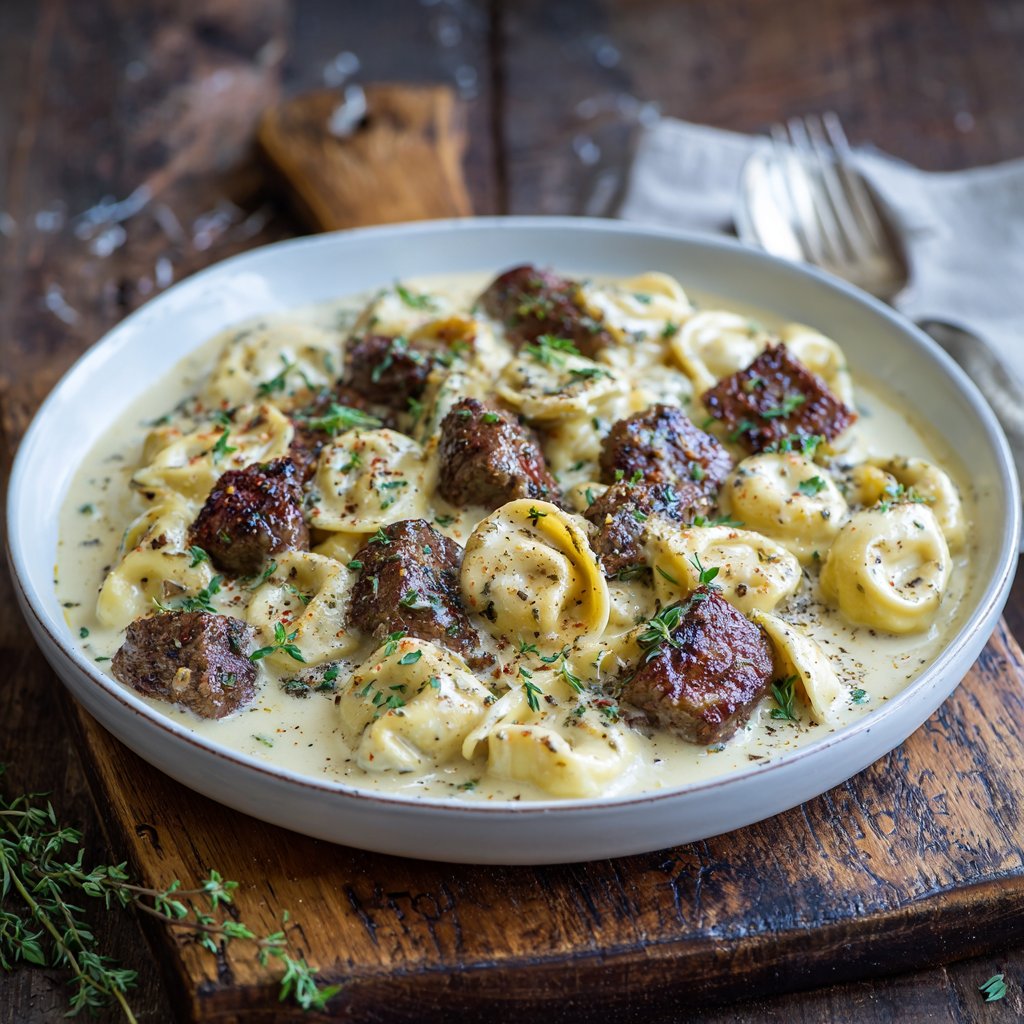 Garlic Steak Tortellini with Parmesan Cream Sauce