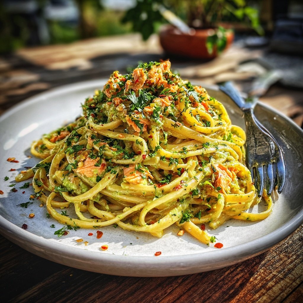 Spicy Salmon Linguine with Avocado